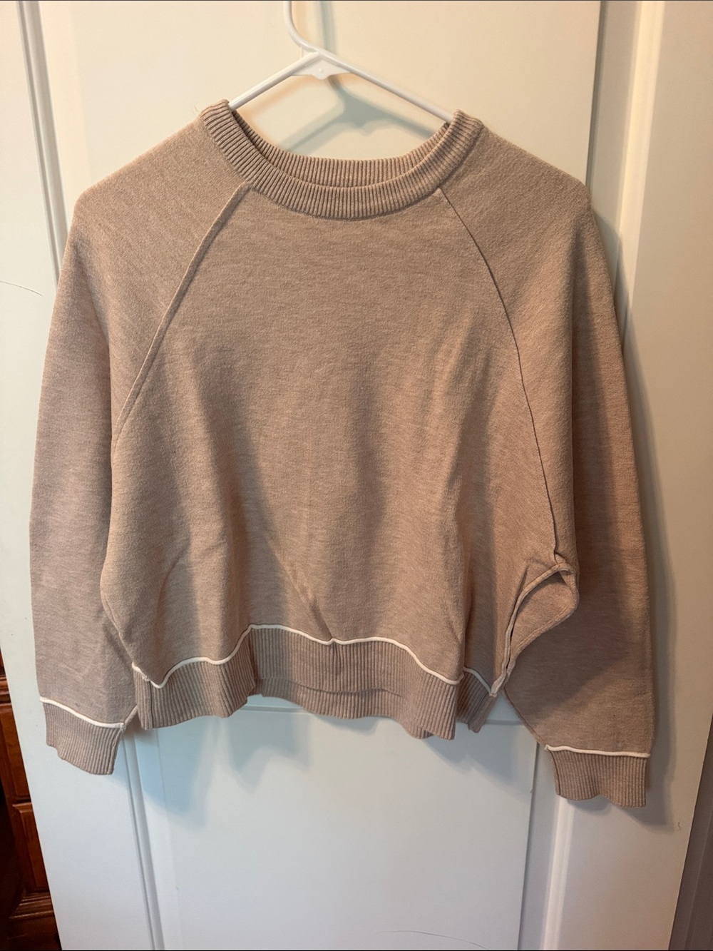 Pilcro Beige Crewneck Sweater with White Trim